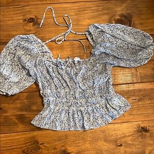 Lucy Paris Black and White Puff Sleeve Peplum Blouse